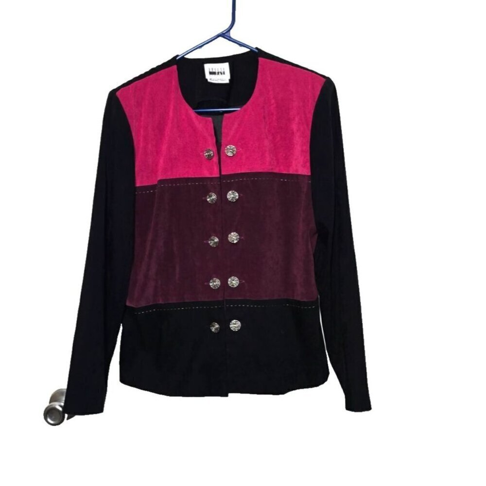 Vintage Leslie Fay Jacket 12 Colorblock Velour Purple Pink Ornate Buttons Artsy